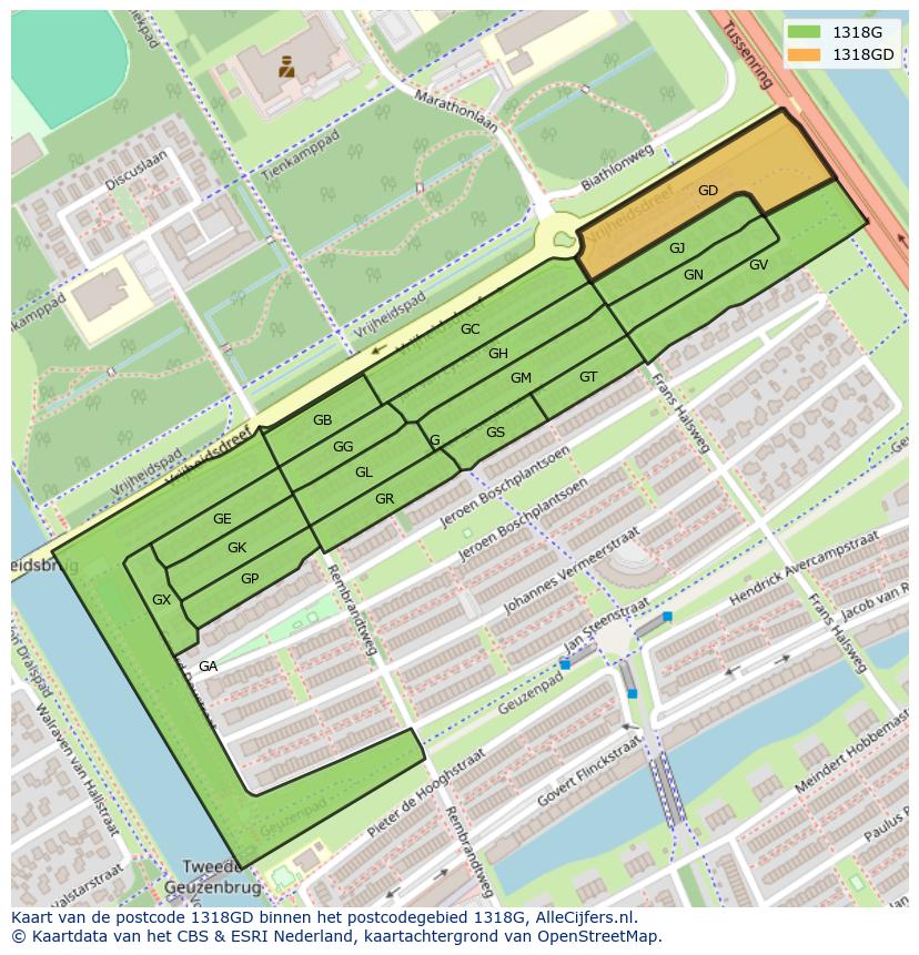 Afbeelding van het postcodegebied 1318 GD op de kaart.