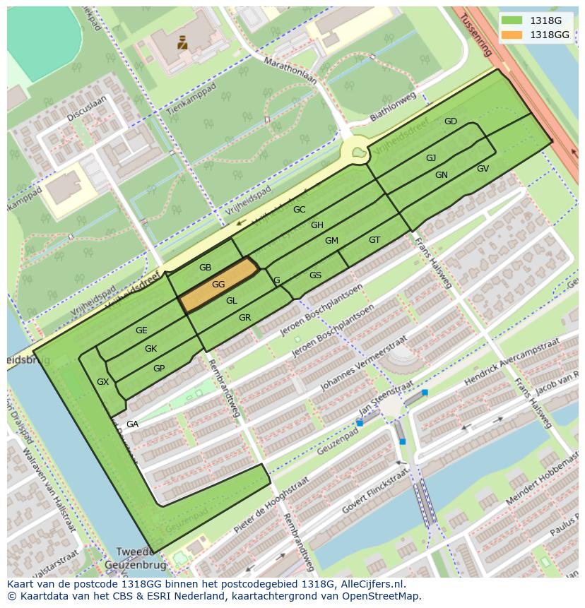 Afbeelding van het postcodegebied 1318 GG op de kaart.