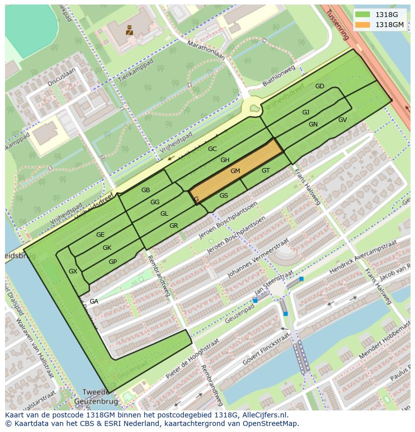 Afbeelding van het postcodegebied 1318 GM op de kaart.
