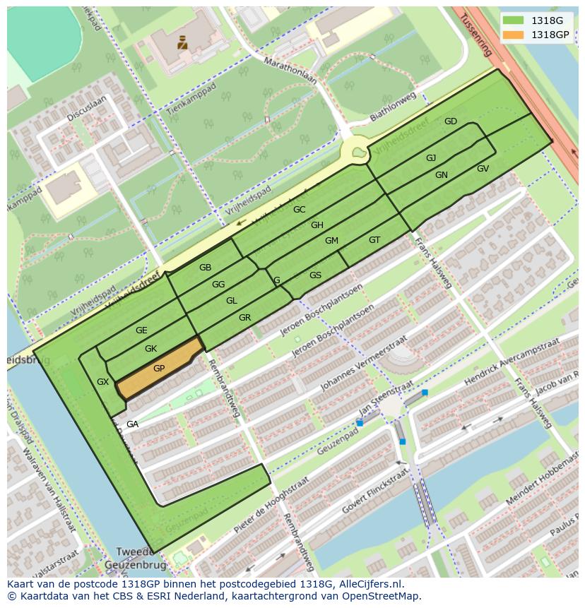 Afbeelding van het postcodegebied 1318 GP op de kaart.