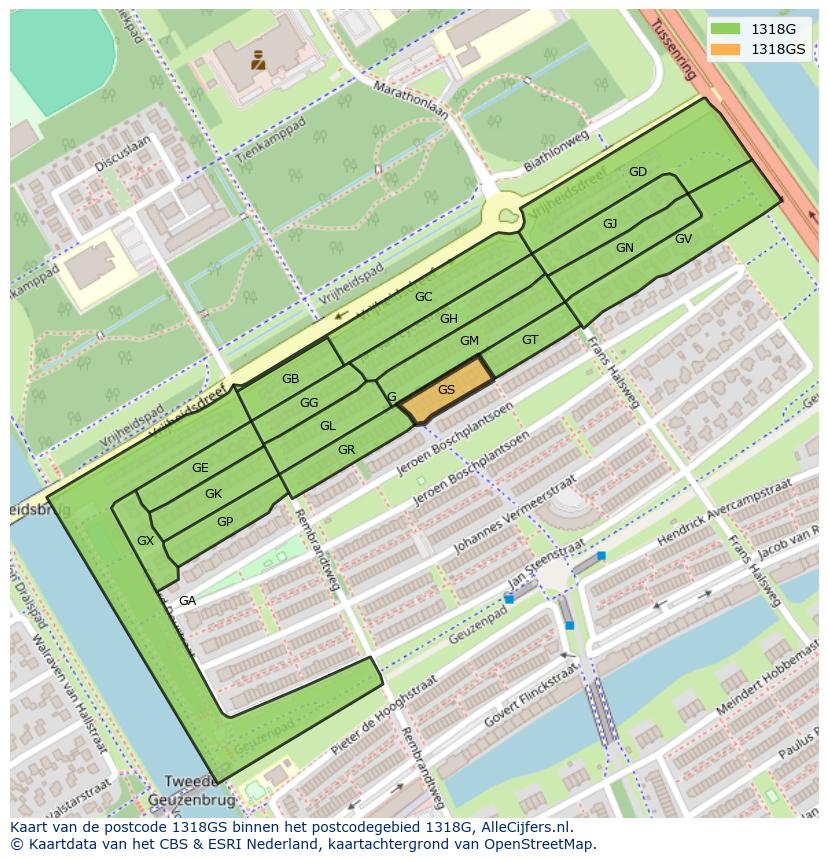 Afbeelding van het postcodegebied 1318 GS op de kaart.