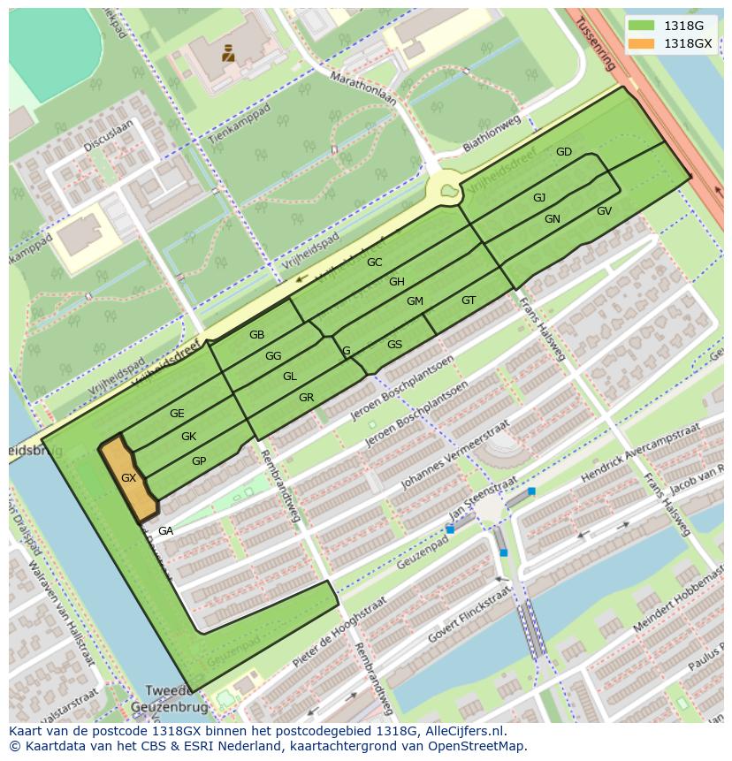 Afbeelding van het postcodegebied 1318 GX op de kaart.