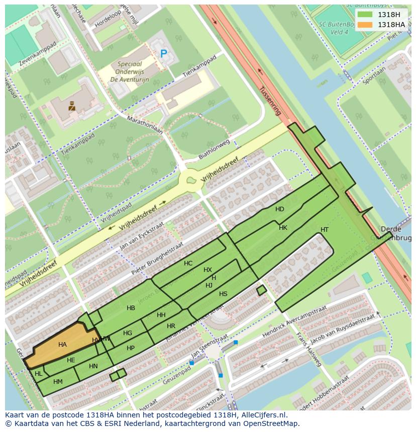 Afbeelding van het postcodegebied 1318 HA op de kaart.