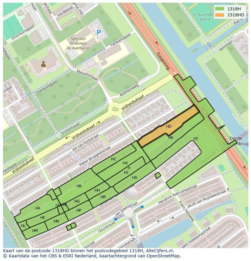 Afbeelding van het postcodegebied 1318 HD op de kaart.