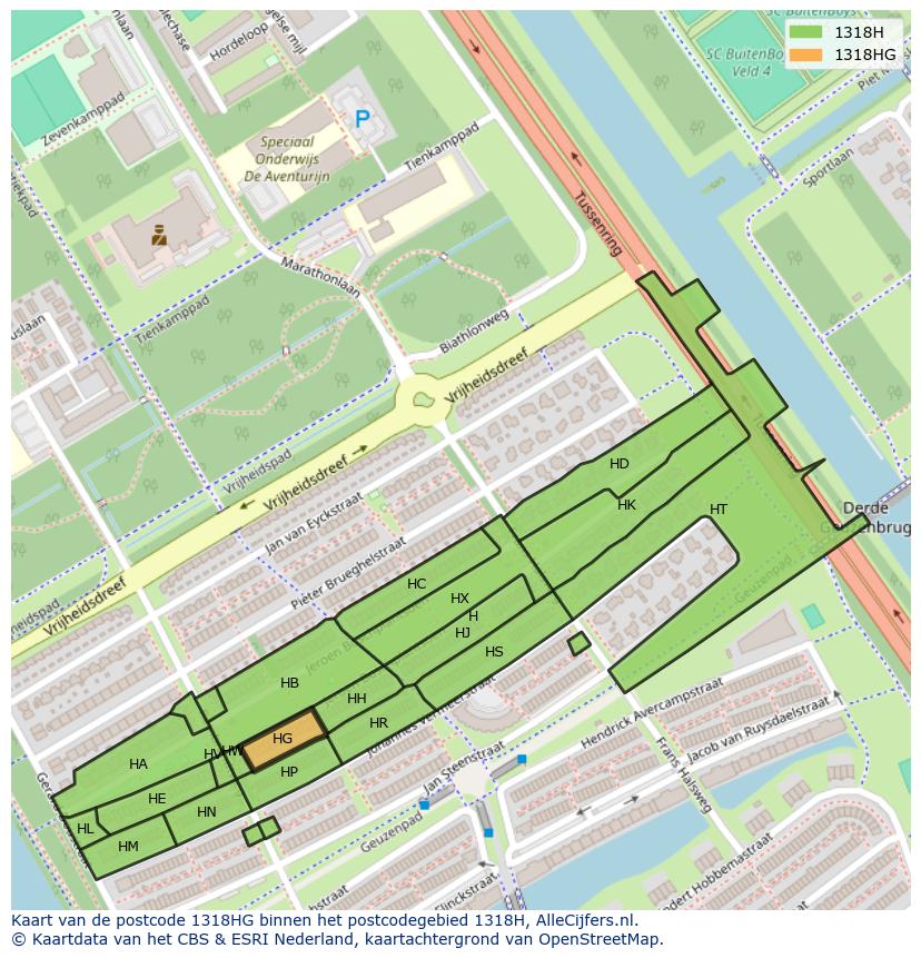 Afbeelding van het postcodegebied 1318 HG op de kaart.