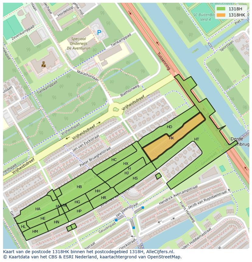 Afbeelding van het postcodegebied 1318 HK op de kaart.