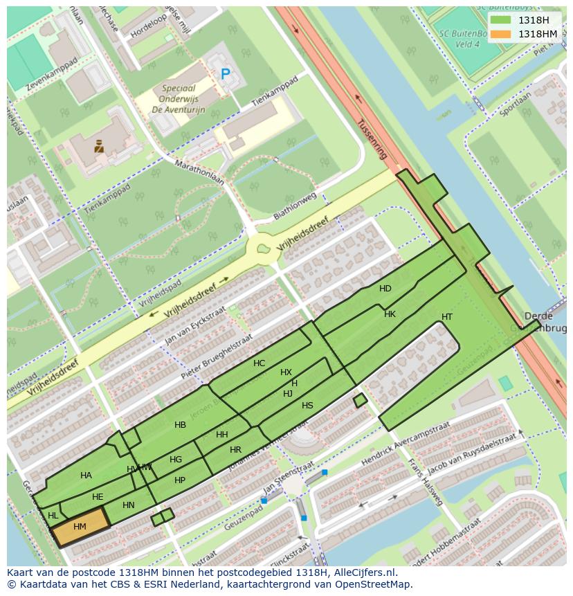 Afbeelding van het postcodegebied 1318 HM op de kaart.