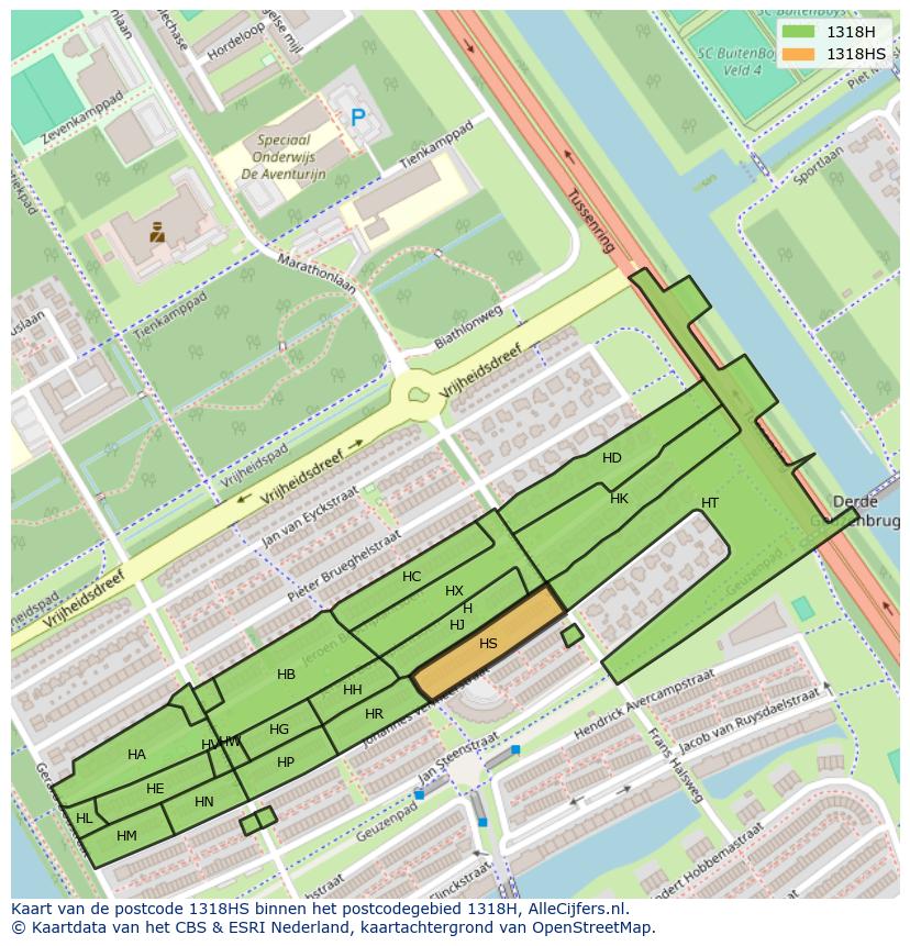 Afbeelding van het postcodegebied 1318 HS op de kaart.