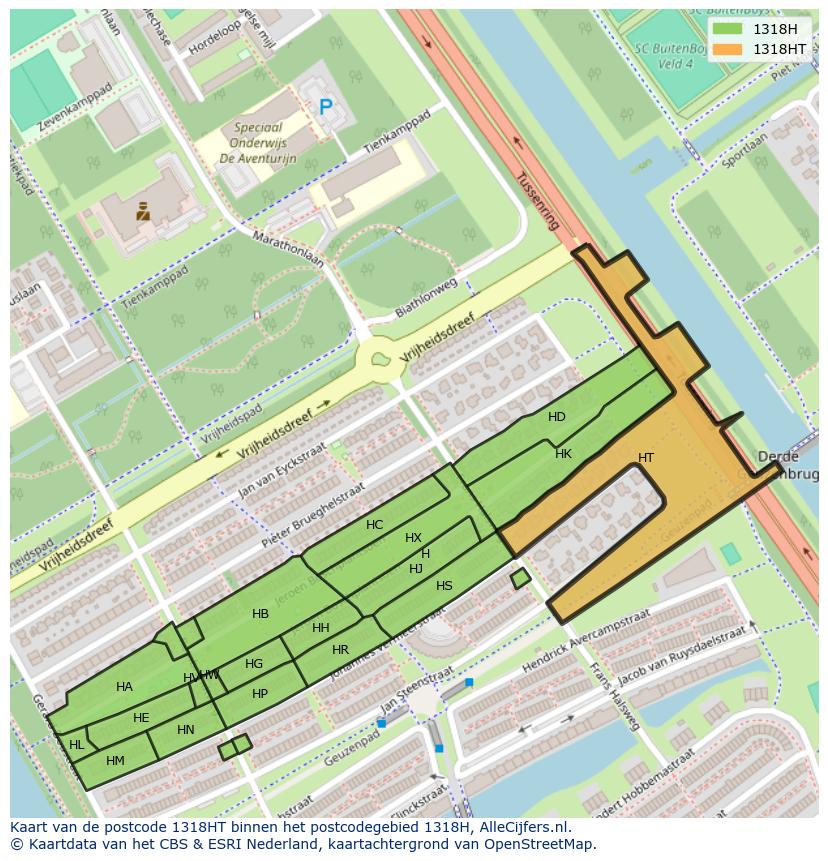 Afbeelding van het postcodegebied 1318 HT op de kaart.