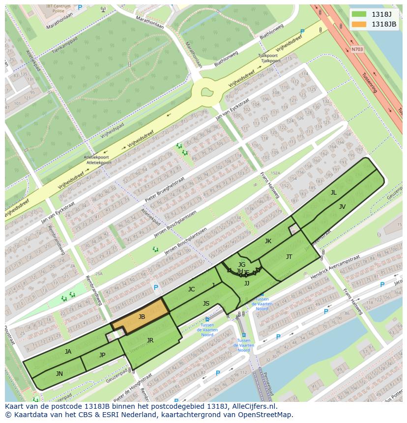 Afbeelding van het postcodegebied 1318 JB op de kaart.