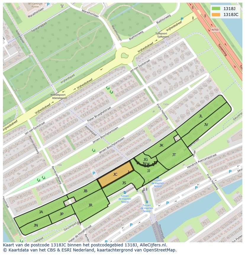 Afbeelding van het postcodegebied 1318 JC op de kaart.