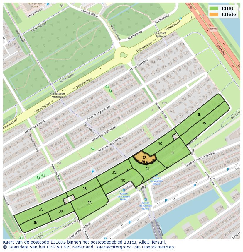 Afbeelding van het postcodegebied 1318 JG op de kaart.
