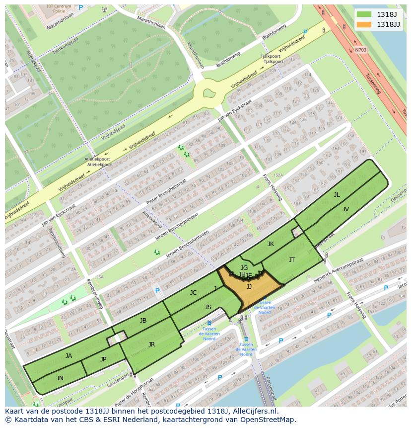 Afbeelding van het postcodegebied 1318 JJ op de kaart.