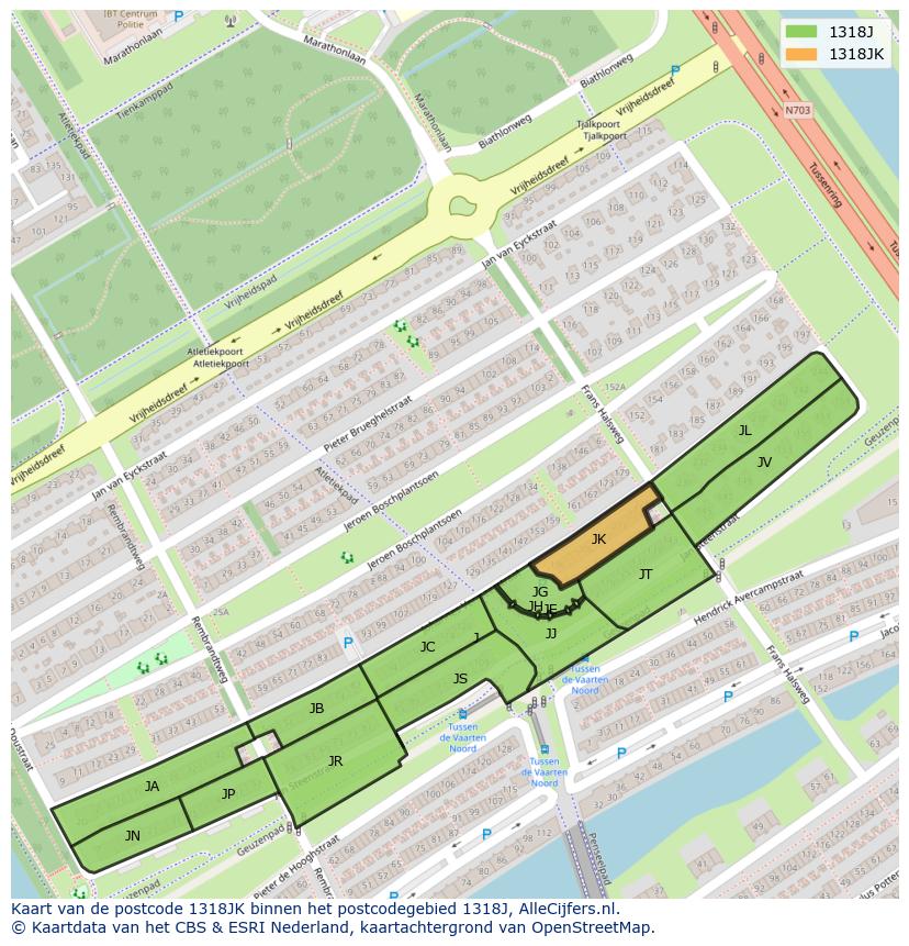 Afbeelding van het postcodegebied 1318 JK op de kaart.