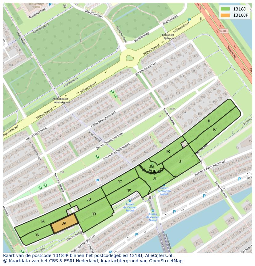 Afbeelding van het postcodegebied 1318 JP op de kaart.