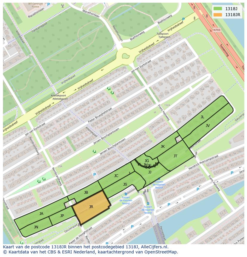 Afbeelding van het postcodegebied 1318 JR op de kaart.
