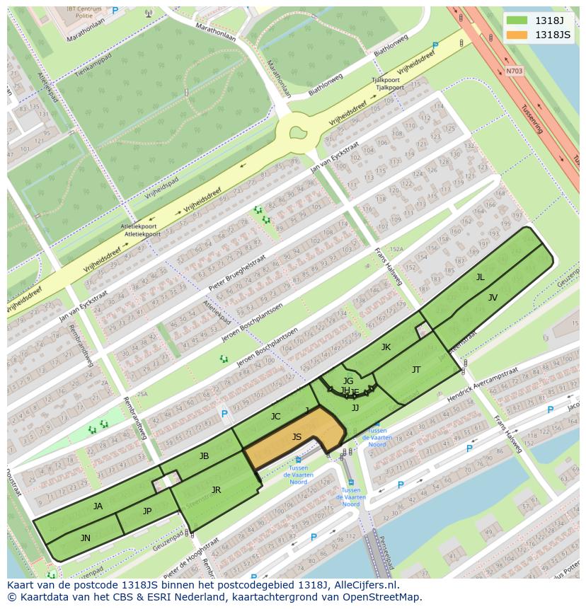 Afbeelding van het postcodegebied 1318 JS op de kaart.