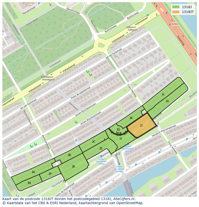 Afbeelding van het postcodegebied 1318 JT op de kaart.
