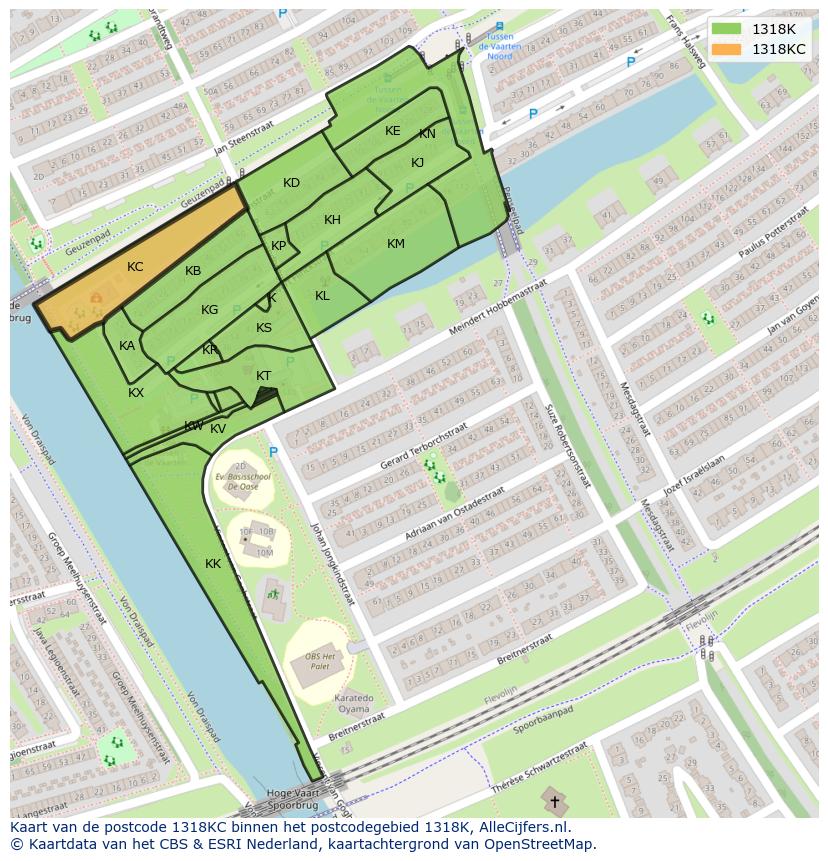 Afbeelding van het postcodegebied 1318 KC op de kaart.