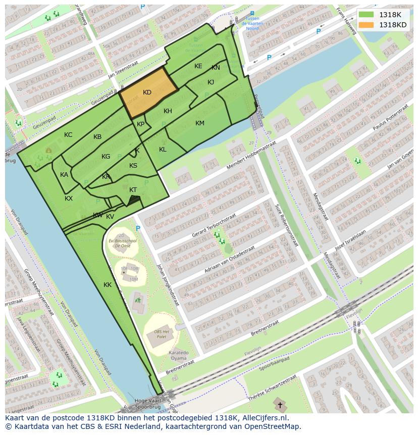 Afbeelding van het postcodegebied 1318 KD op de kaart.