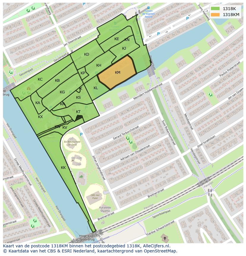 Afbeelding van het postcodegebied 1318 KM op de kaart.