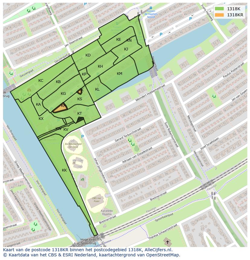 Afbeelding van het postcodegebied 1318 KR op de kaart.