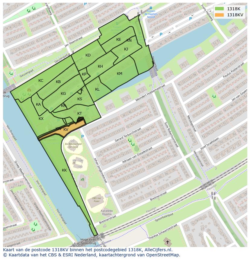 Afbeelding van het postcodegebied 1318 KV op de kaart.