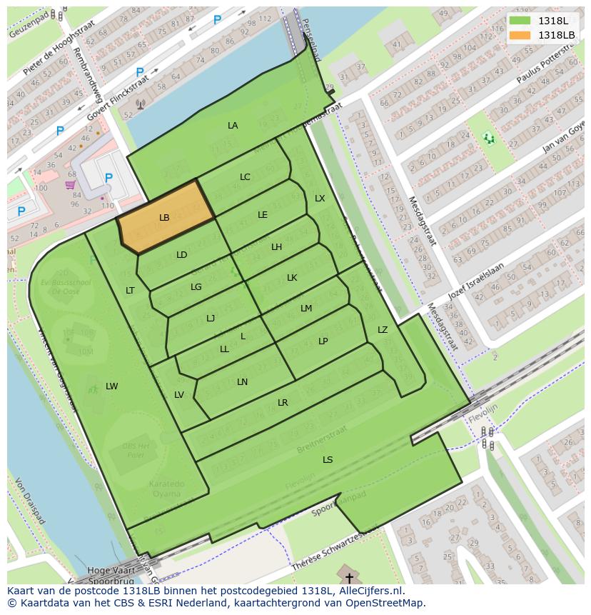 Afbeelding van het postcodegebied 1318 LB op de kaart.