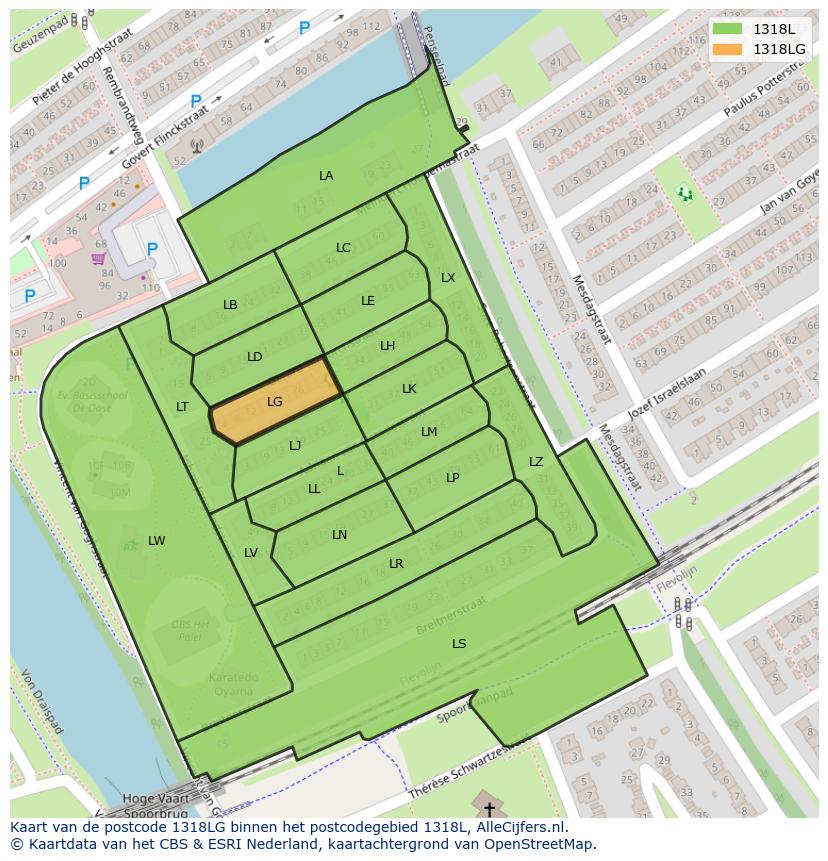 Afbeelding van het postcodegebied 1318 LG op de kaart.
