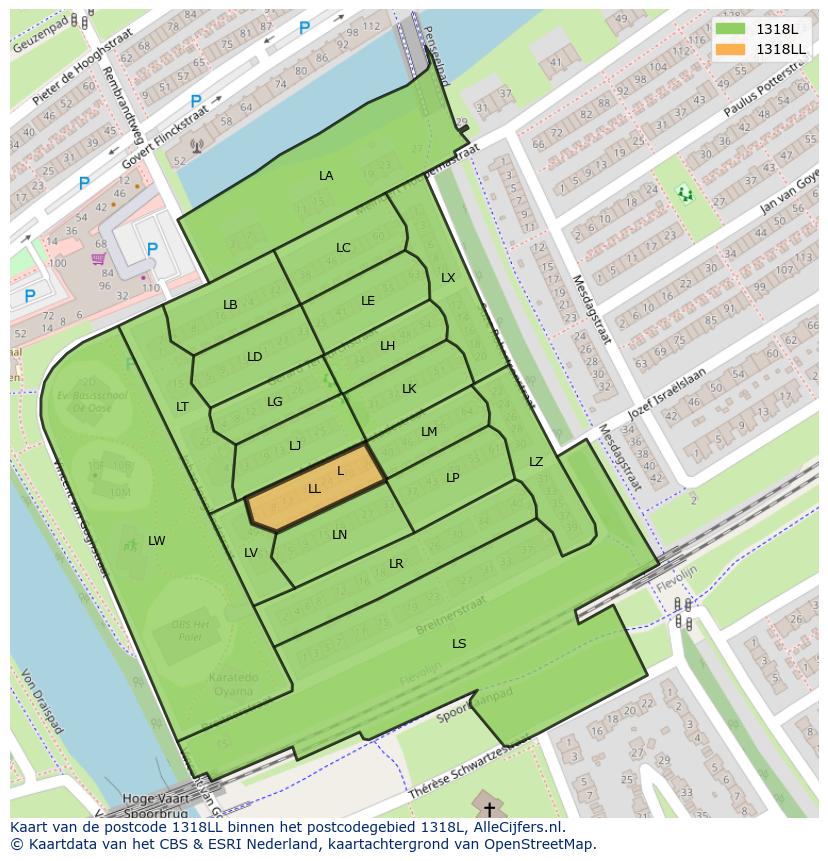 Afbeelding van het postcodegebied 1318 LL op de kaart.