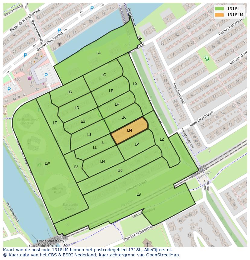 Afbeelding van het postcodegebied 1318 LM op de kaart.
