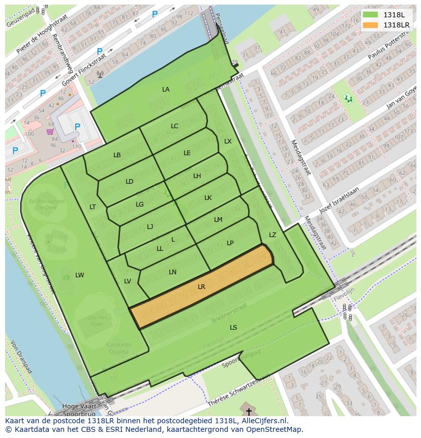 Afbeelding van het postcodegebied 1318 LR op de kaart.