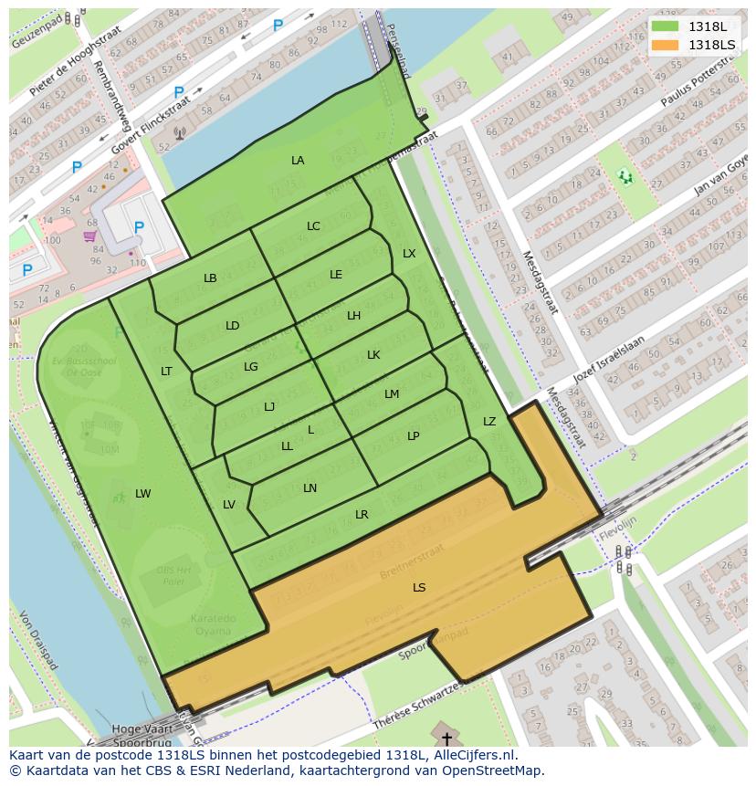Afbeelding van het postcodegebied 1318 LS op de kaart.