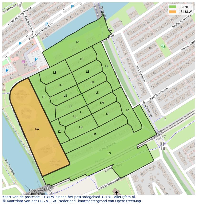 Afbeelding van het postcodegebied 1318 LW op de kaart.