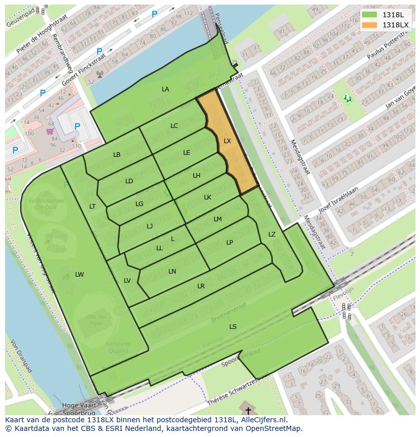 Afbeelding van het postcodegebied 1318 LX op de kaart.