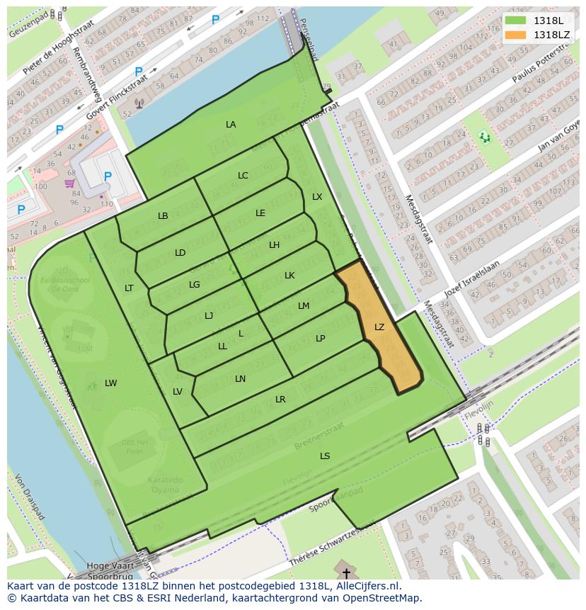 Afbeelding van het postcodegebied 1318 LZ op de kaart.