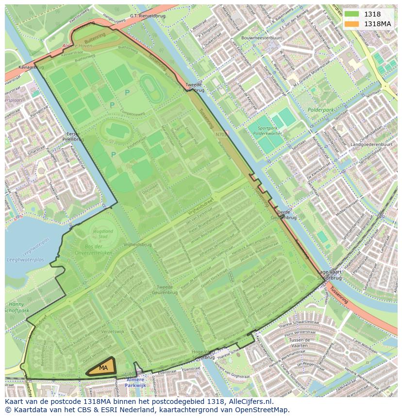 Afbeelding van het postcodegebied 1318 MA op de kaart.