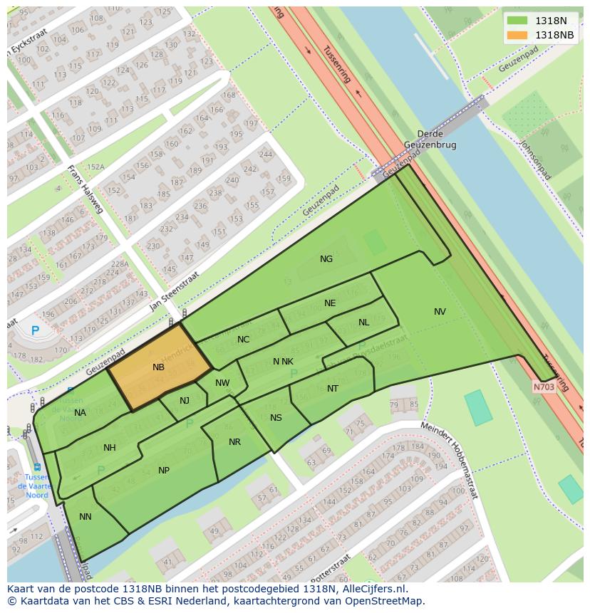 Afbeelding van het postcodegebied 1318 NB op de kaart.