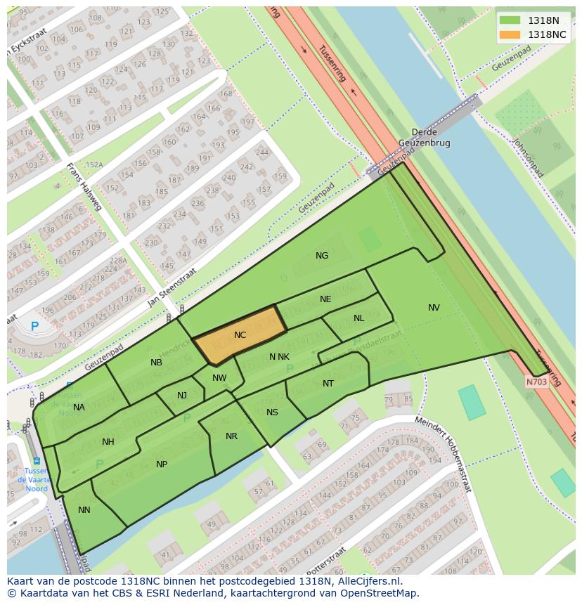 Afbeelding van het postcodegebied 1318 NC op de kaart.