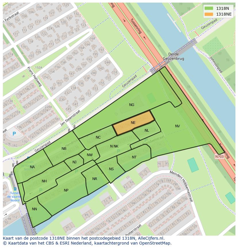 Afbeelding van het postcodegebied 1318 NE op de kaart.