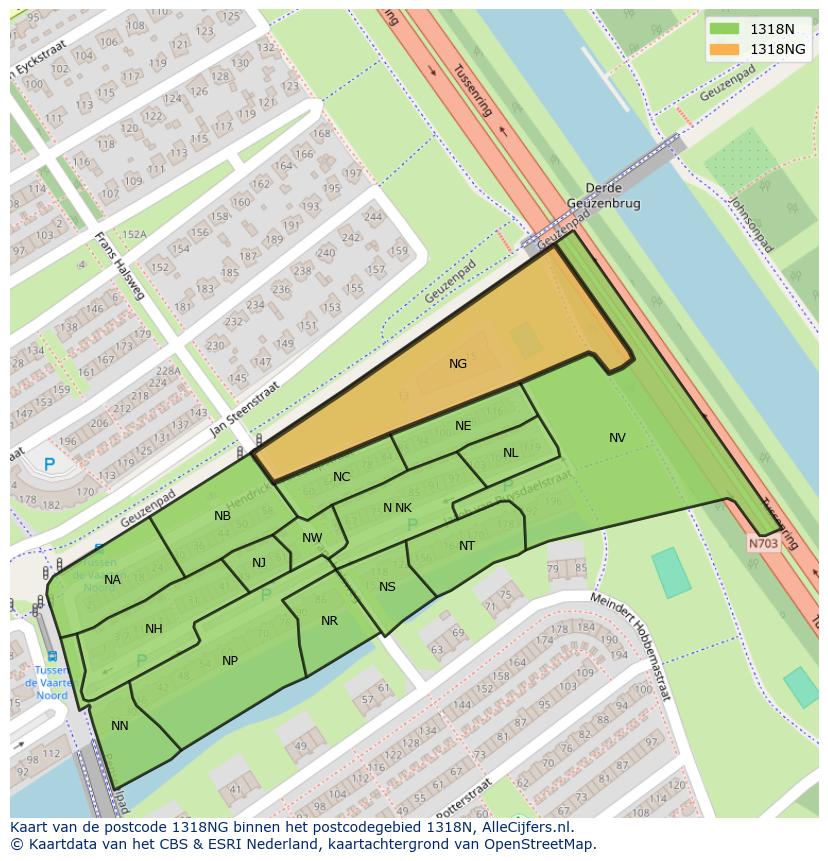 Afbeelding van het postcodegebied 1318 NG op de kaart.