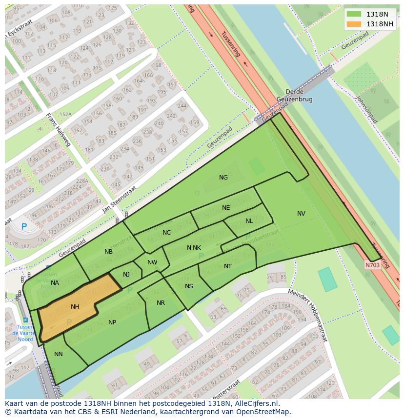 Afbeelding van het postcodegebied 1318 NH op de kaart.