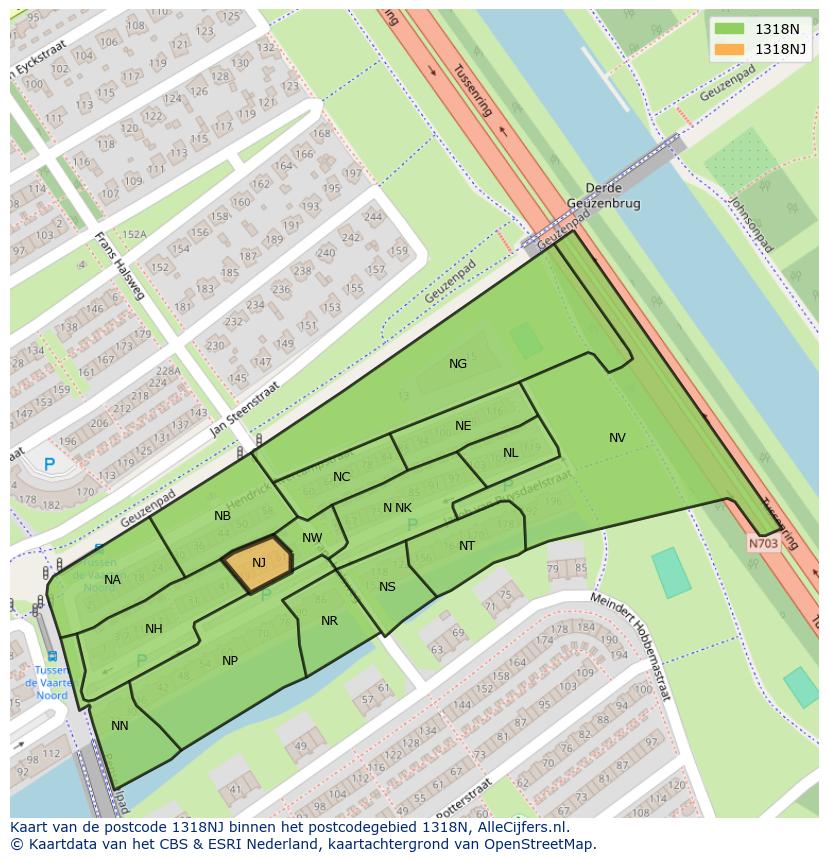 Afbeelding van het postcodegebied 1318 NJ op de kaart.