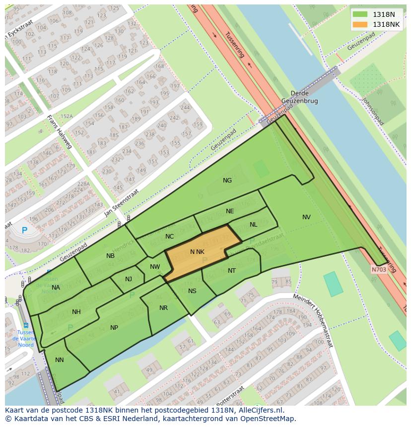 Afbeelding van het postcodegebied 1318 NK op de kaart.
