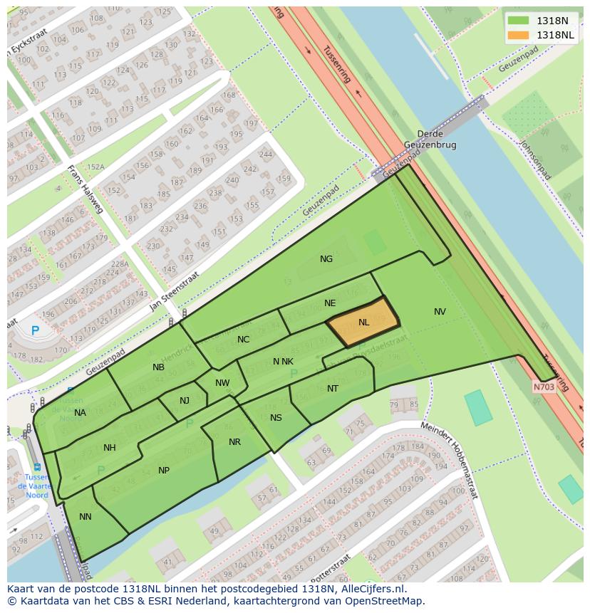Afbeelding van het postcodegebied 1318 NL op de kaart.