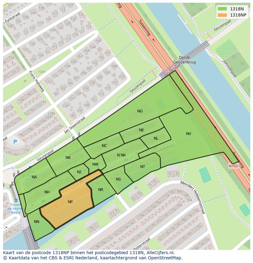 Afbeelding van het postcodegebied 1318 NP op de kaart.
