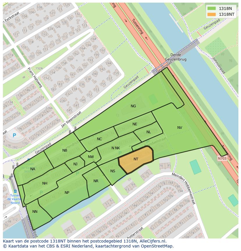 Afbeelding van het postcodegebied 1318 NT op de kaart.