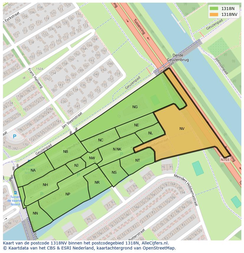 Afbeelding van het postcodegebied 1318 NV op de kaart.