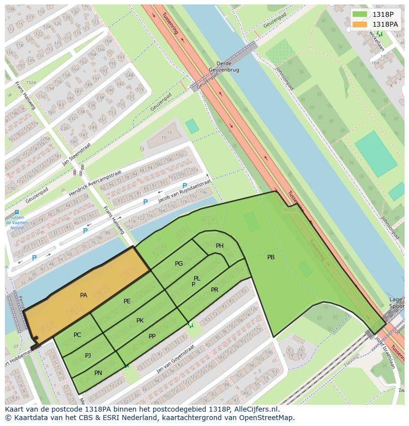 Afbeelding van het postcodegebied 1318 PA op de kaart.