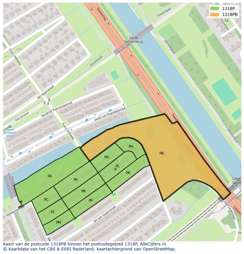 Afbeelding van het postcodegebied 1318 PB op de kaart.